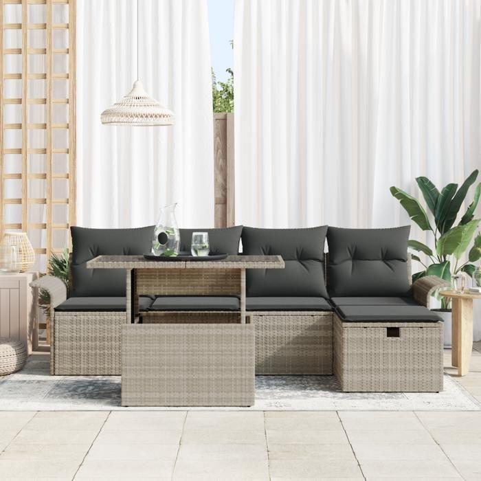 Ensemble de canapés de jardin 6 pièces avec coussins gris clair, Canapé de jardin 2 places avec rangement et coussins gris 3361001