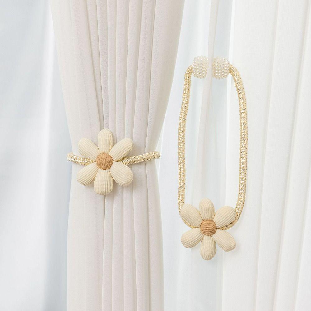 2Pcs Fashion Flower Shape Curtain Tiebacks Pearl Buckle Nordic Style Curtain Buckles No Punching Binding Rope Modern Home