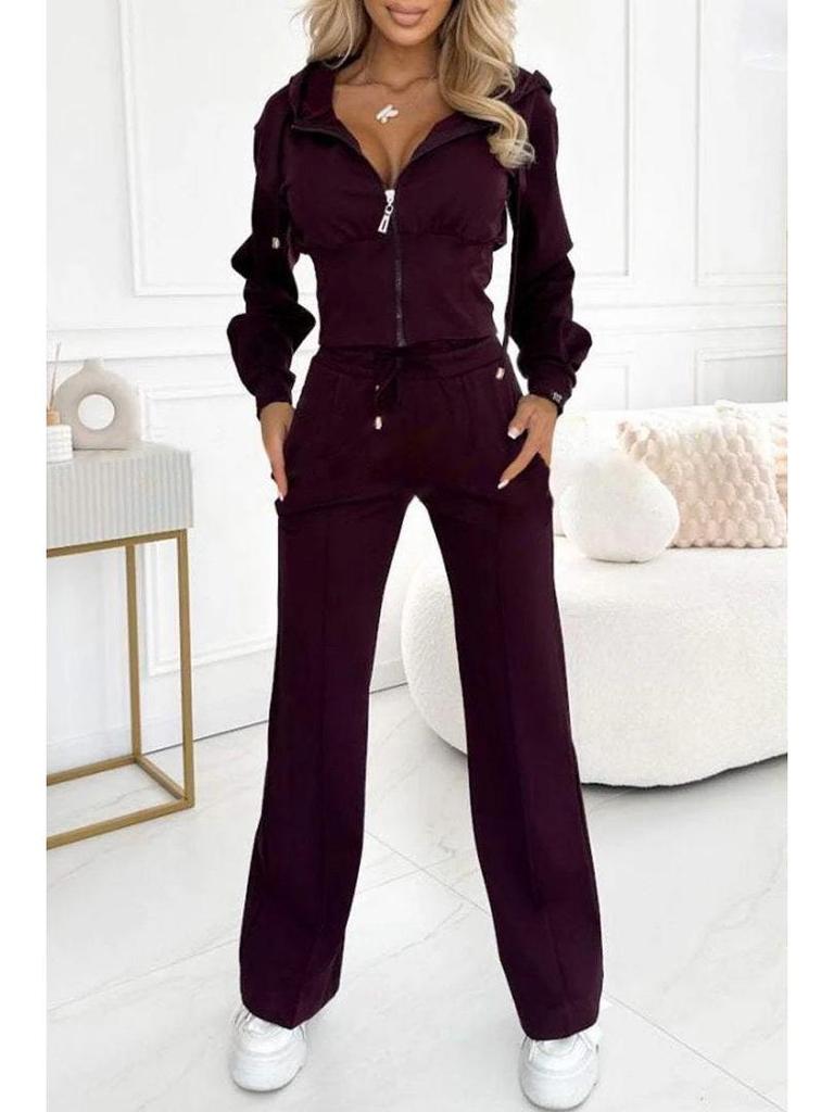 2024 Herbst/Winter Kapuzen-Reißverschlussjacke: Europäischer & Amerikanischer Stil Einfarbiges Bodycon Zweiteiler-Set