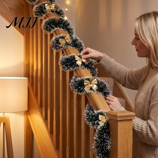 Red Bow Xmas Ornament Christmas Tinsel Garland with Bows, 78.7 Inch Metallic Twisted Hanging Durable Faux Plant for Fireplace, Mantel, Staircase,