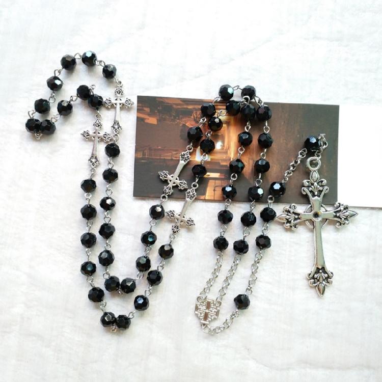 Retro Long for Cross Pendant Necklace Black Crystal Rosary Religious Jewelry