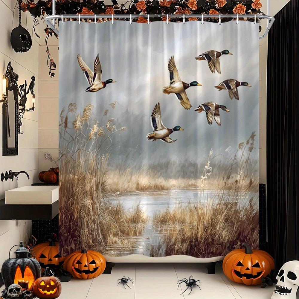 Rustic Duck Shower Curtain Mallard Flying Over Wetland Scene Polyester Bath Curtain With 12 Hooks For Nature Decor