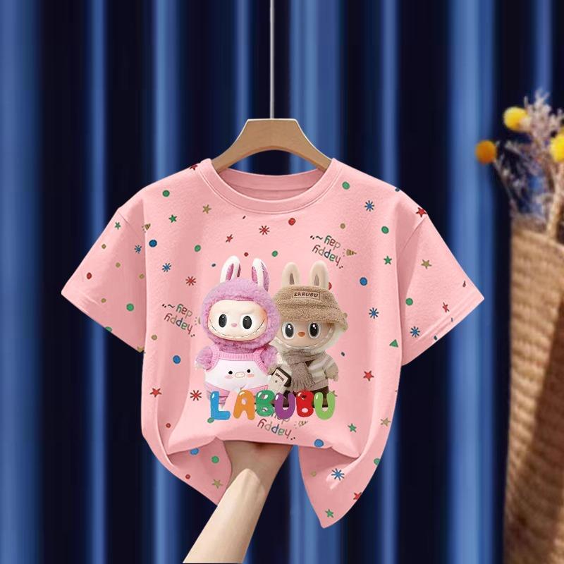 

Мультяшная детская взрослая футболка с принтом LABUBU, летняя женская модная футболка с коротким рукавом, топ, пуловер, одежда 130