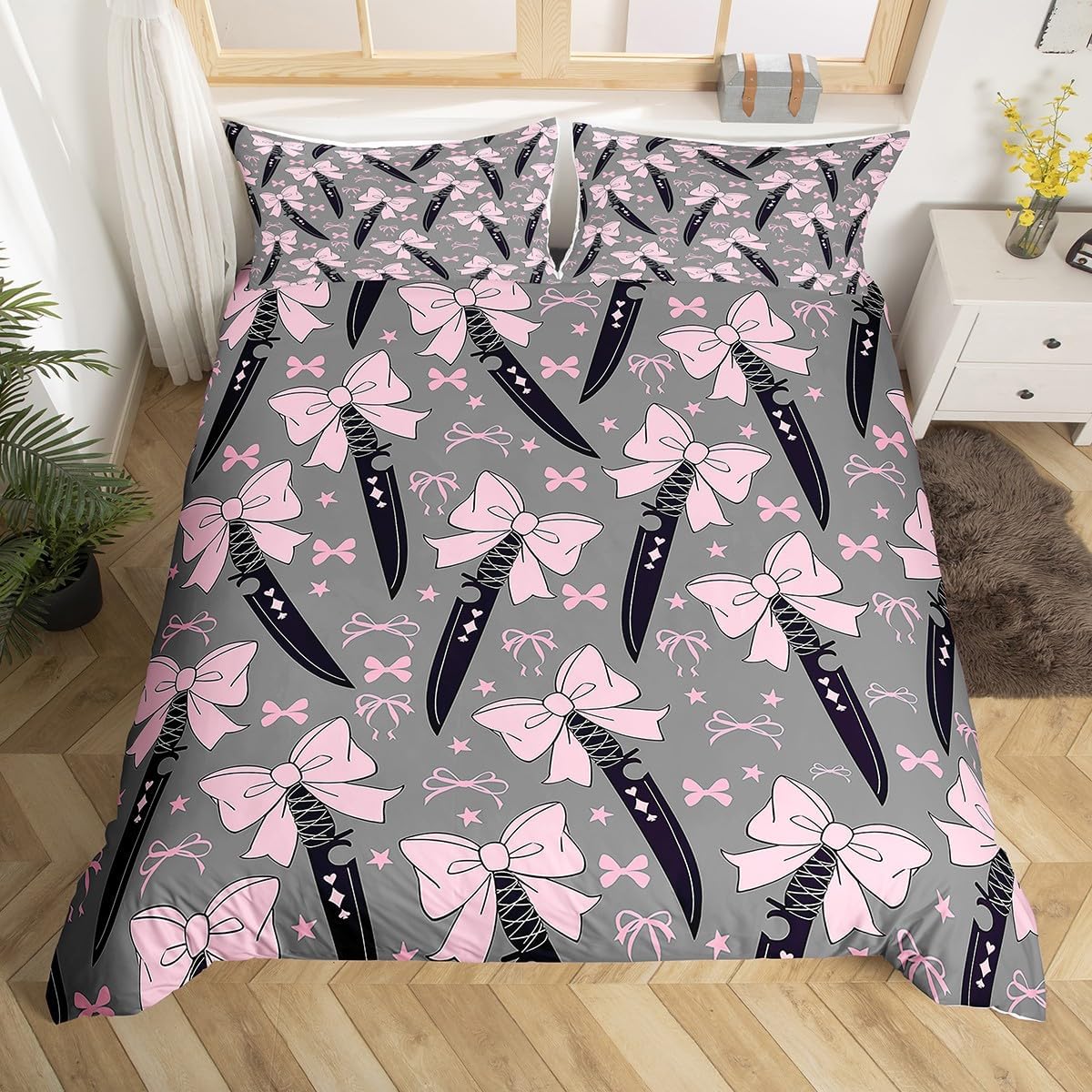 Мультяшный Бант Пододеяльник Милый Узел Бант Комплект Постельного Белья Полный Кинг Детская Комната Девочек Принцессы Декор Kawaii Девичий Пододеяльник EU Single(135*200cm)3pcs