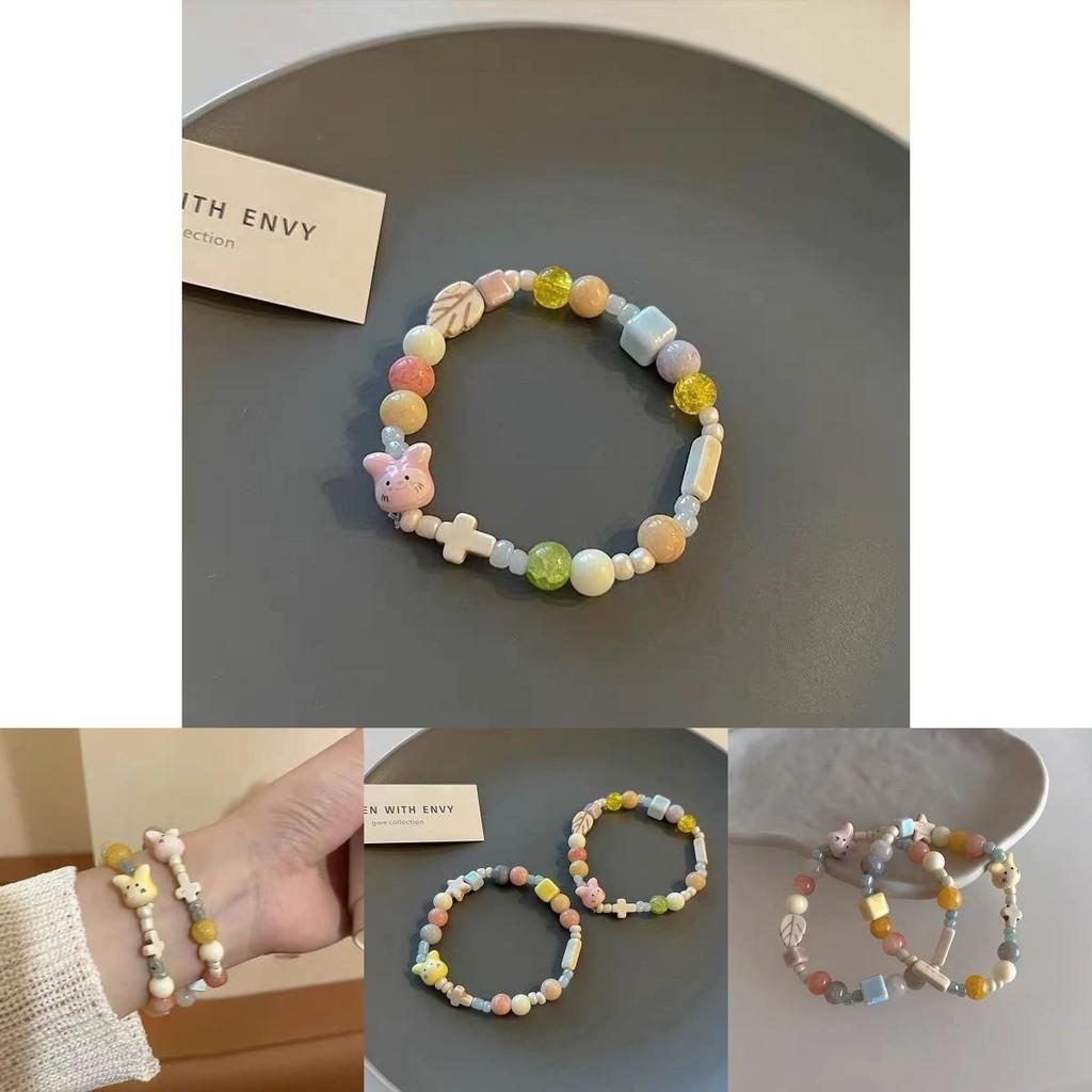 Fresh Summer Fashion Pink Ceramic Rabbit Bead Bracelet Adorable Handcrafted Jewelry