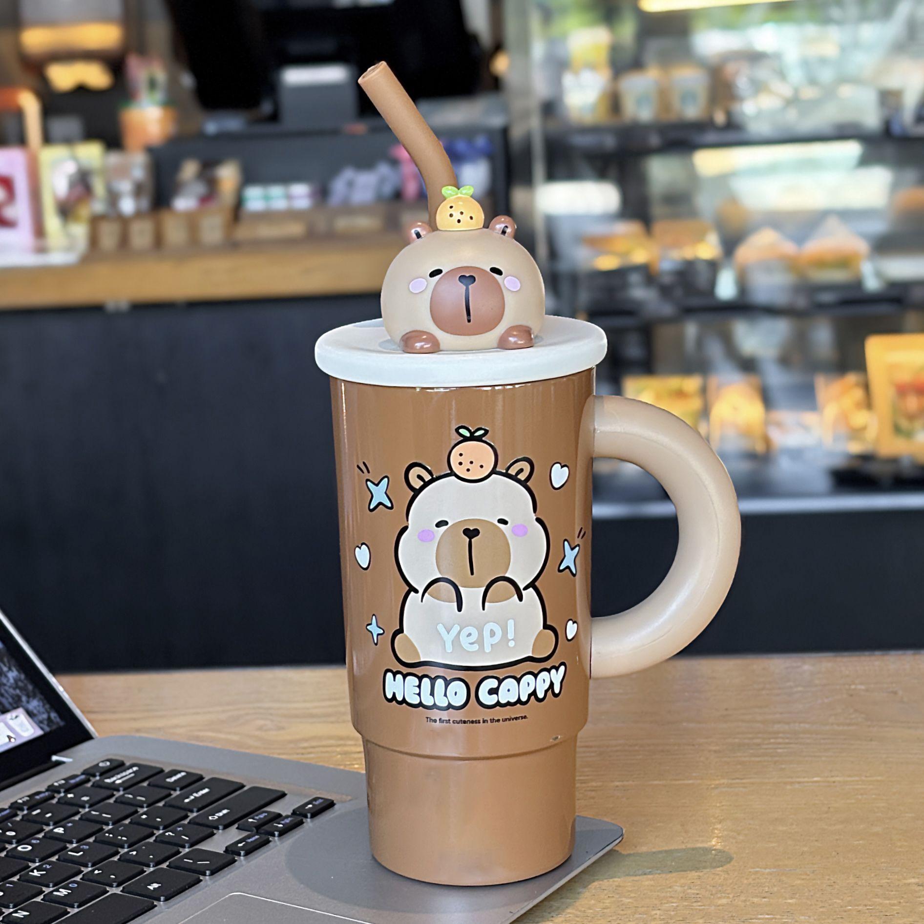 

Caoybara – tasse de glace d extérieur, bouteille d eau isolée en acier inoxydable, flacon sous vide avec poignée et paille, dessin animé mignon brown