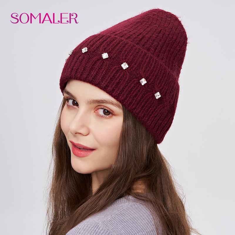 

SOMALER Зимние шапки для женщин Толстая теплая шерстяная вязаная шапка-бини со стразами Женская модная однотонная уличная шапка-череп One Size красный