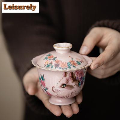 Pink Ru Kiln Flower Cat Gaiwan Antique Not Hot Tea Tureen Tea Bowl With Lid Kit Tea Maker Cover Bowl Kung Fu Tea Set Ornaments
