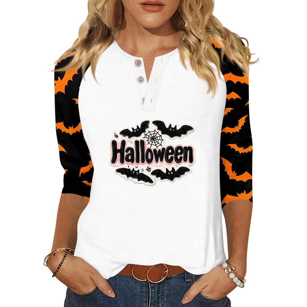 Damen-T-Shirt mit Halloween-Aufdruck und Knopfleiste, 3/4-Ärmel, modisch für den Alltag und das Wochenende, Basic, V-Ausschnitt, normales Oberteil