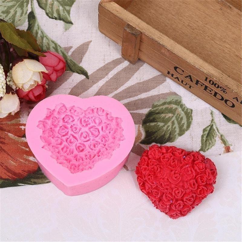 Pink 3D Love Roses Heart-shaped Silicone Mold Fondant Cake Mold Baking Die