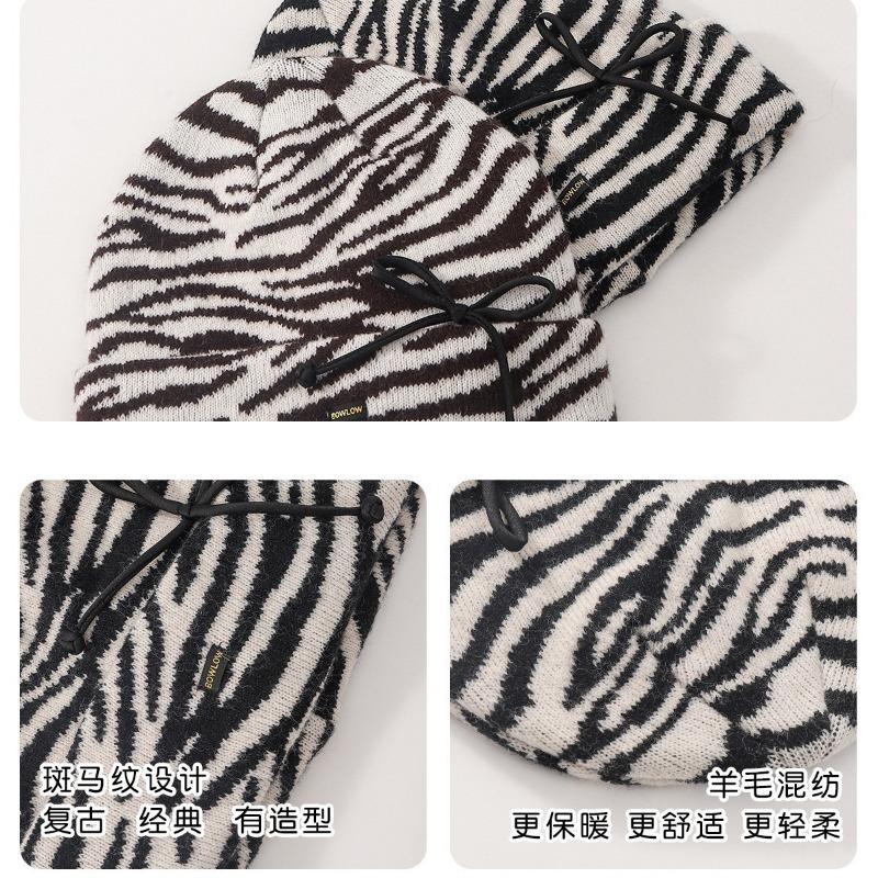 Zebra pattern versatile wool knitted hat autumn and winter hat women's warm ear protection cold hat showing face small pile hat