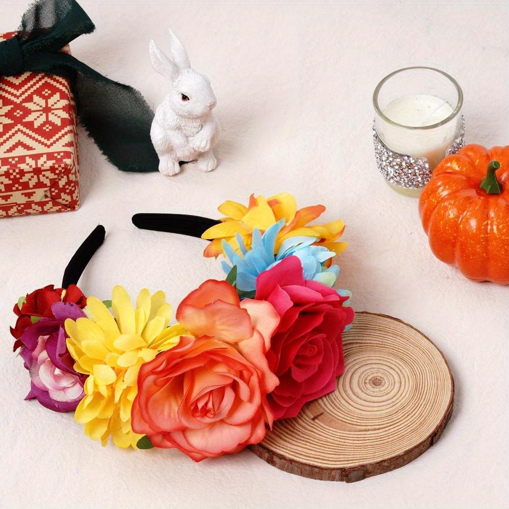 Mexican Rose Flower Crown Headband Day of The Dead Floral Rose Crown Headband Headpiece for Halloween Costume Party Headbands with Colorful Flowers