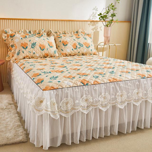 Korea Lace Bedspread King Size 200x220 Cotton Print Dust Ruffles Bed Cover Double Quilted Fitted Sheet with 2 Pillow Shams