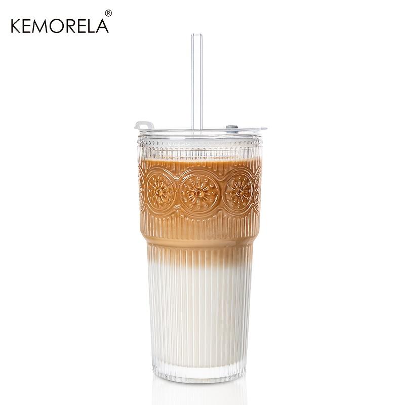 

1/2PCS Striped Glass with Straw And Lid Stylish Glass Water Cup for Iced Americano And Latte Beverages for Office Use and Home 700ML