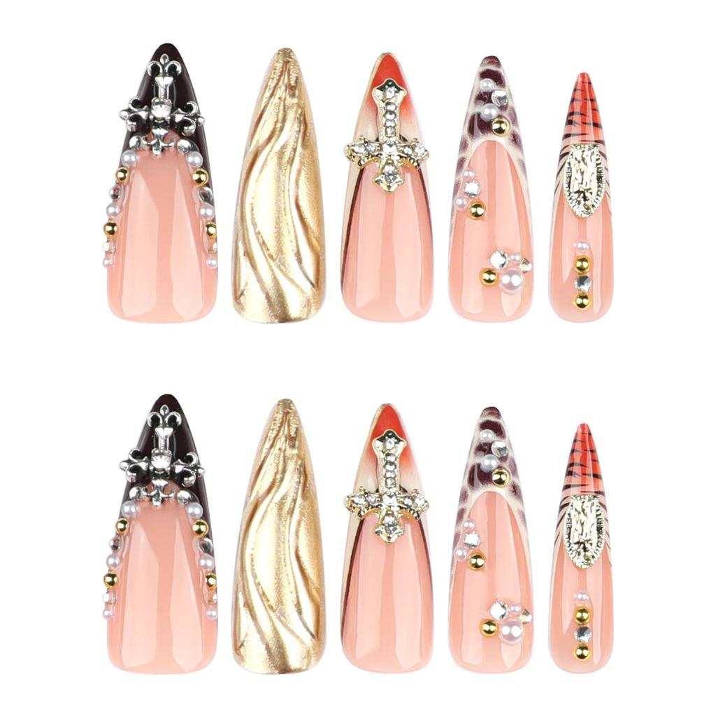Ongles French Léopard Imprimé Strass Stiletto Longs 3D - Faux Ongles Finition Super Brillante