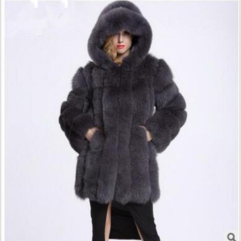 Fellimitat-Fuchspelzmantel, neuer mittellanger Mantel, langärmelige Kapuze