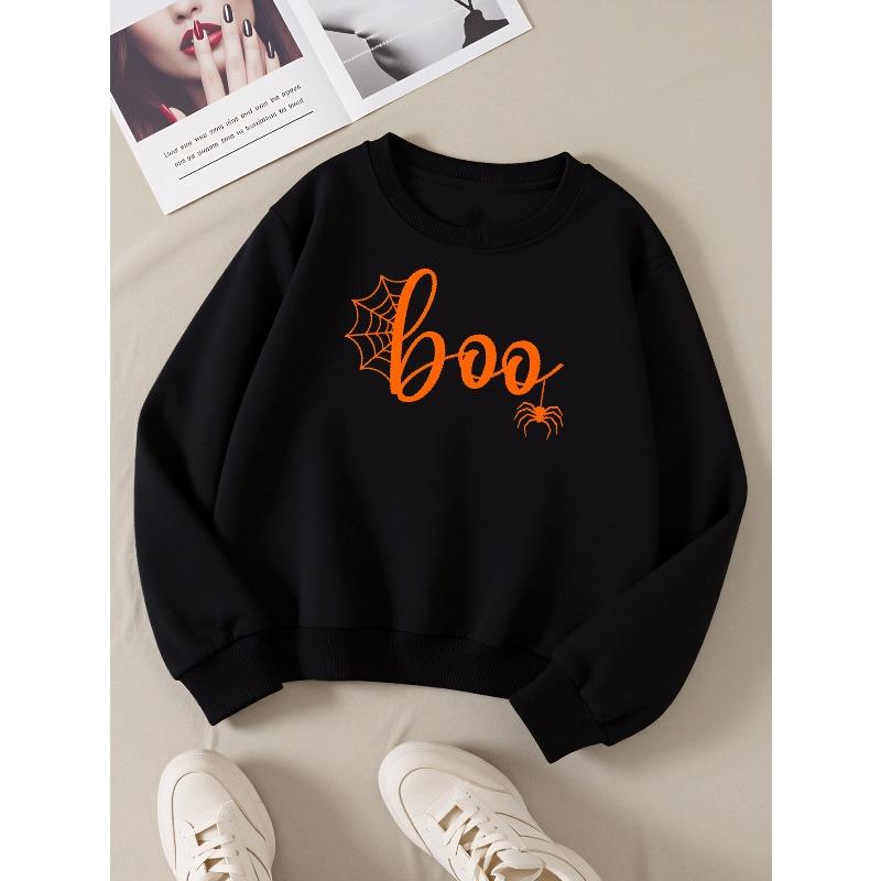 Boo Spider Web Halloween Design 2026 New Girls' Long-sleeve Casual Crewneck Sweatshirt, Suitable for Outdoor Sports and