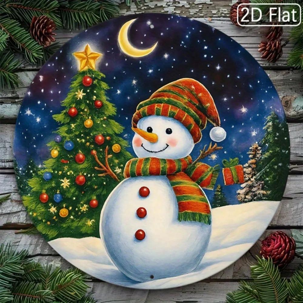 Snowman Tree Round Metal Wall Art Aluminum Sign Christmas Modern Home Decor