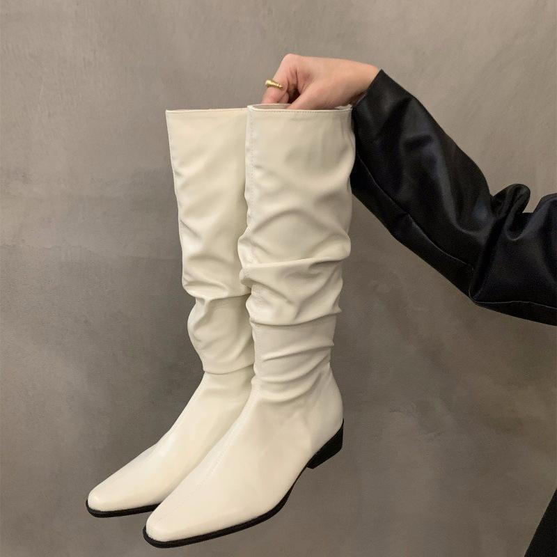 Women's Knee High Boots Sexy Pointed Toe Stiletto Heel Leather Boots Pleated Stack Long Tube Boots Slim Knight Boot Botas Mujer