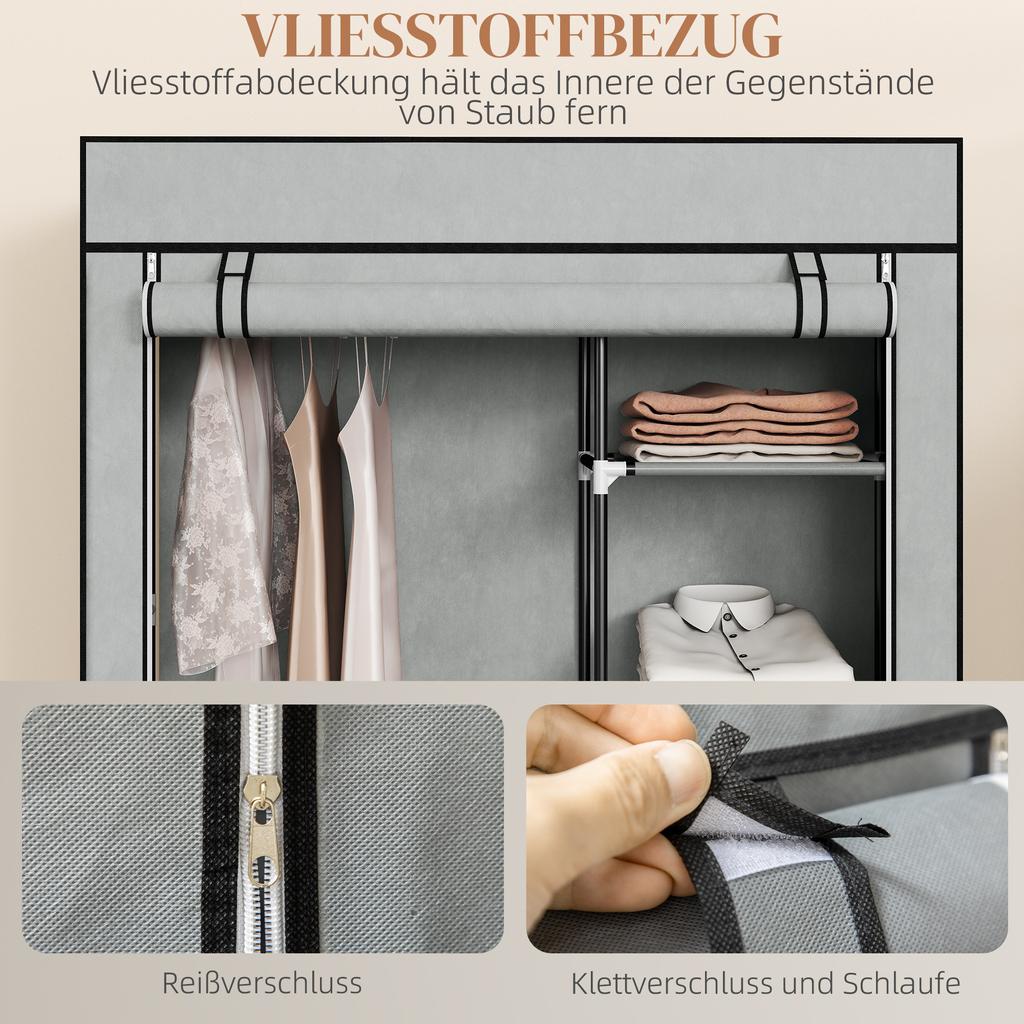 Fabric Wardrobe w/ Shelves Hanging Rail Foldable Wardrobe Light Grey