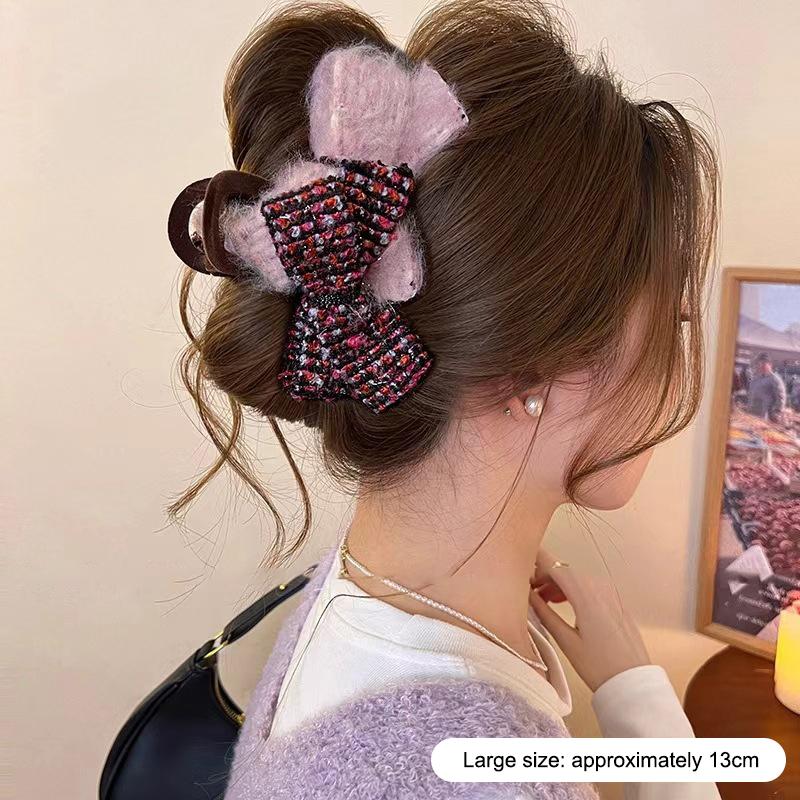 Retro Autumn And Winter Wool-blend Color-block Double Bow Hair Clip For Women Girls Large Shark Clip Hair Accessories
