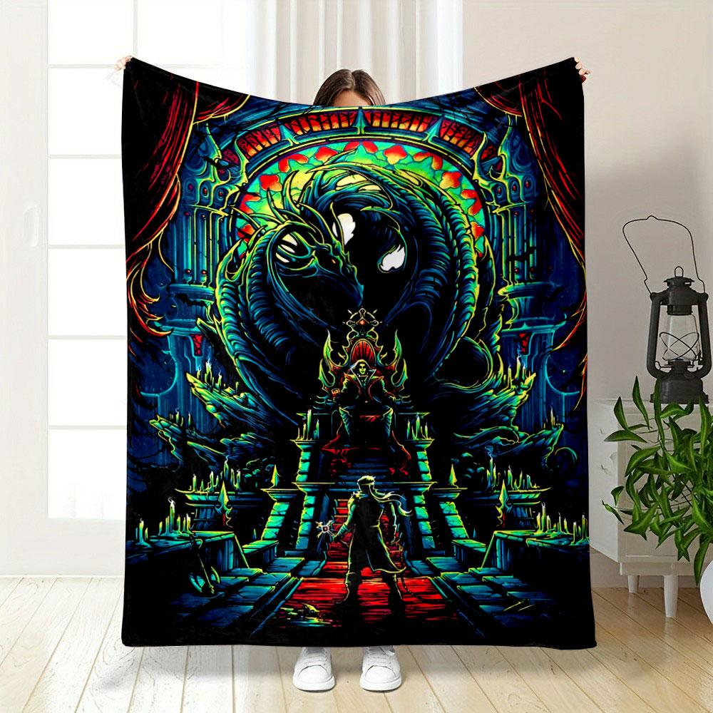 A glowing dragon encircles a throne, with a character advancing below. for all seasons blanket lunch break throw gift
