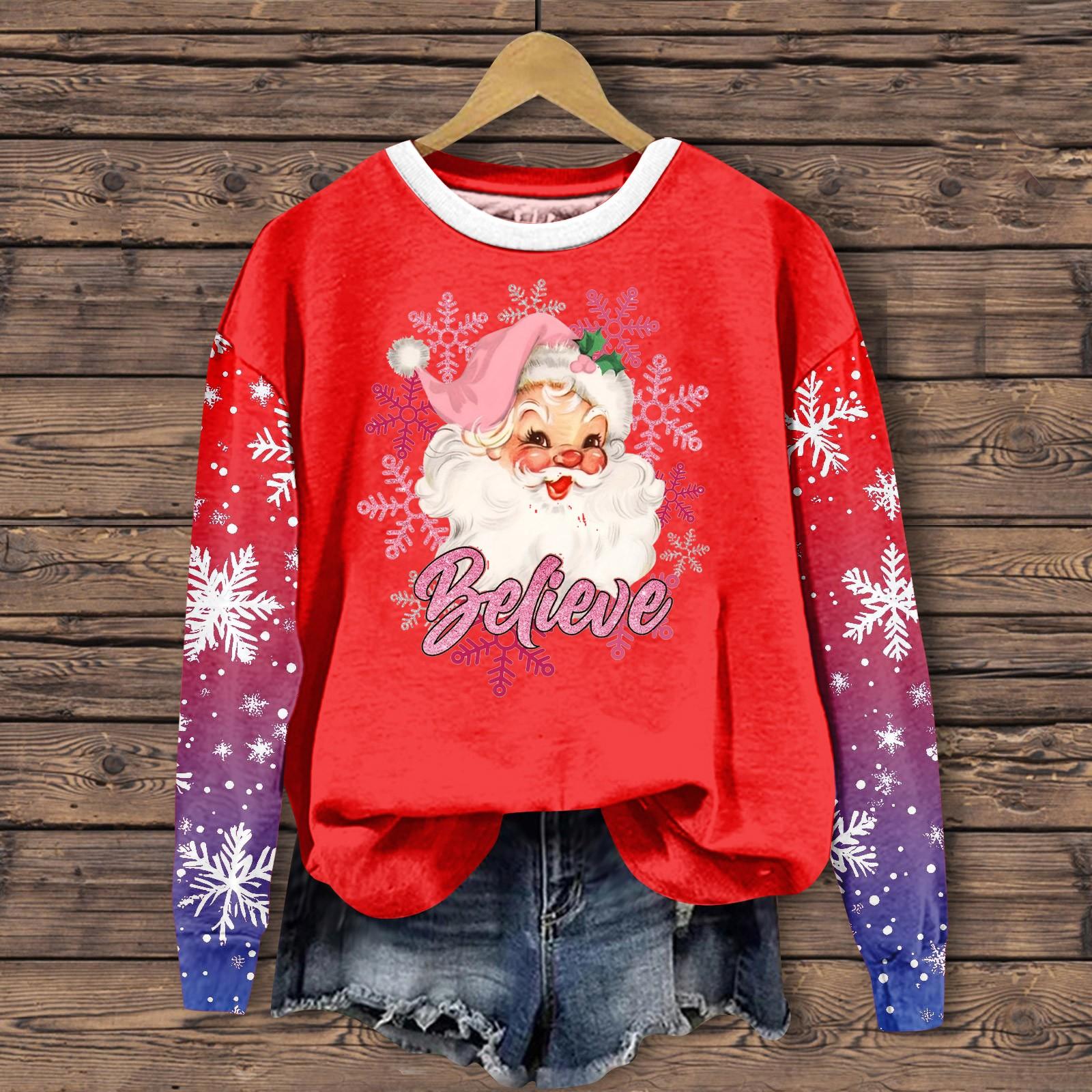 

Женская мода повседневная толстовка с длинным рукавом и принтом Санта-Клауса с круглым вырезом XXL розовый