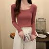 Autumn Winter Women Square Neck Knit Pullover Slim‑Fit Fleece‑Lined Elegant Long‑Sleeve Sweater Low‑Cut Inner Top