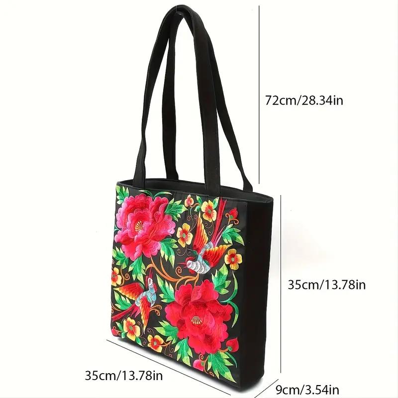 Ethnic Style Flower Embroidery Canvas Tote Bag Large Capacity Shoulder Handbag for Women