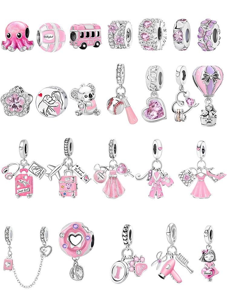 Copper Sweet Donut Flower Girl Pink Series Charms Beads Fit Original Pan Bracelet Bangle High Quality Diy Jewelry