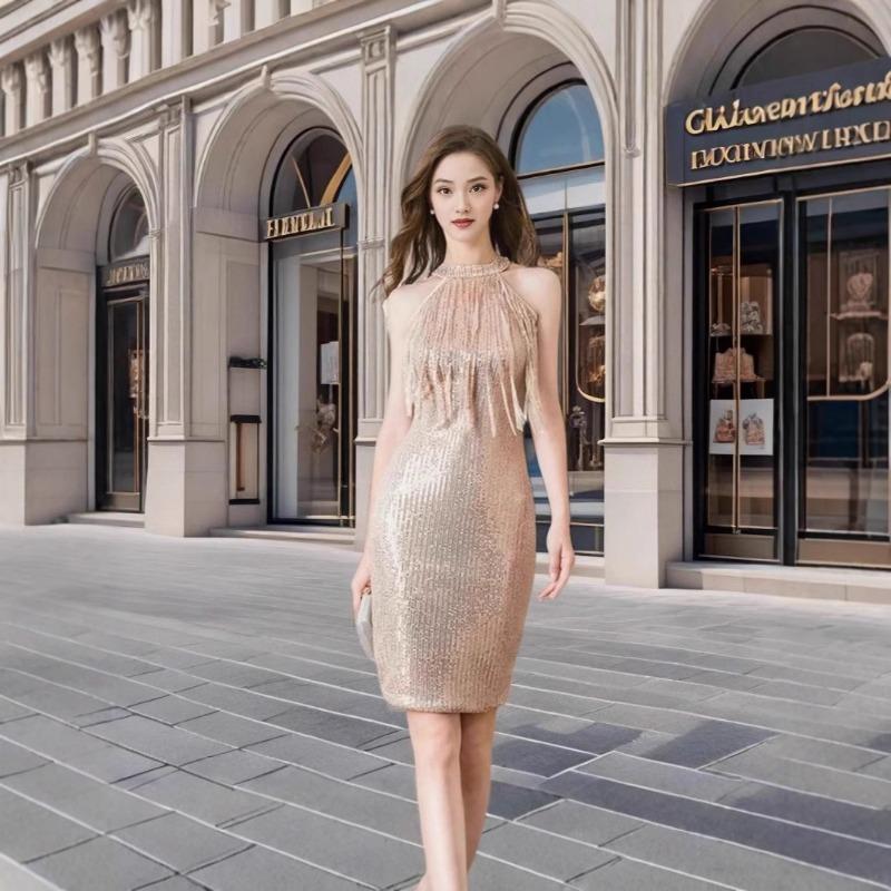 Women's Sexy Party Halter Sequin Fringe Dress Nightclub Sleeveless Slimming Mid-length Dress Dress