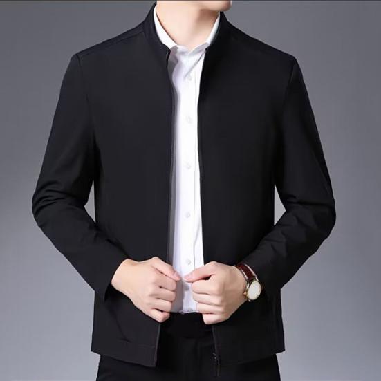 Men Jacket Lapel Long Sleeve Zipper Placket Middle-aged Coat with Side Pockets Solid Color Casual Jacket Outwear