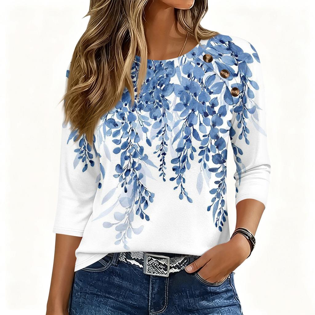 Women 34 Sleeve Crew Neck Button Decor Top Floral Print Loose Fit Blouse Casual Pullover Shirt for Daily Wear Office Home