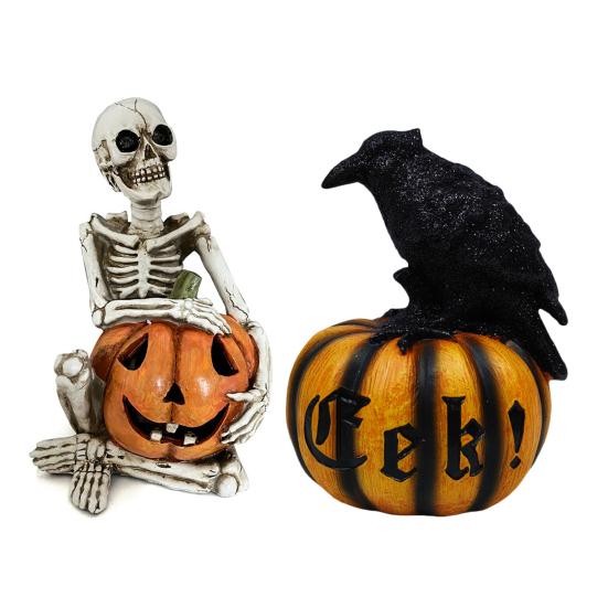 Halloween Skeleton Pumpkin Statue Spooky Pumpkin with Skull/Crow Sculpture Halloween Indoor Resin Ornament for Home Office Desk Decor