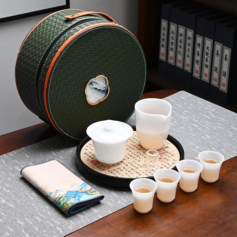 Ice Suet Jade Porcelain Travel Tea Set Outdoor Portable Ceramic Cover Bowl Tea Cup Complete Set Business Souvenir