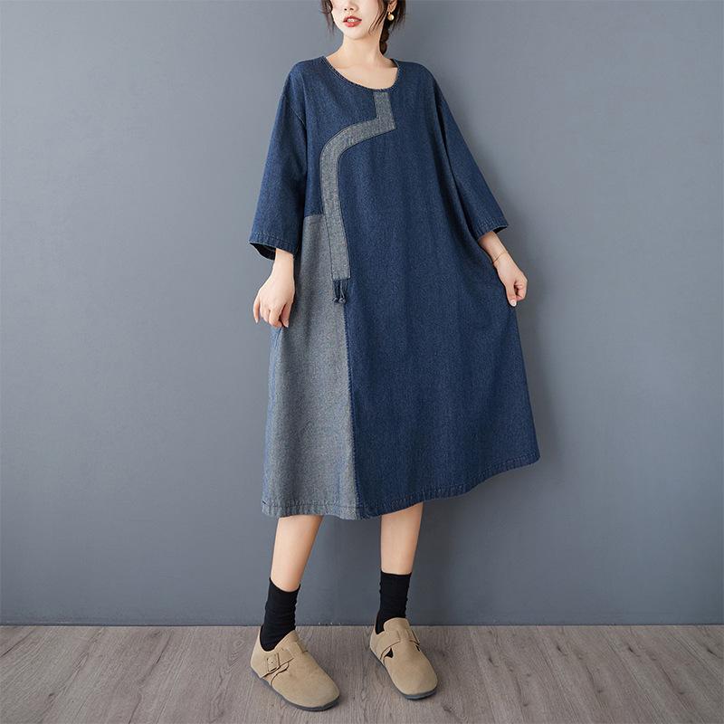 Women's Retro Denim Patchwork Dress - Elegant, Comfortable, Loose Fit for Spring/Autumn