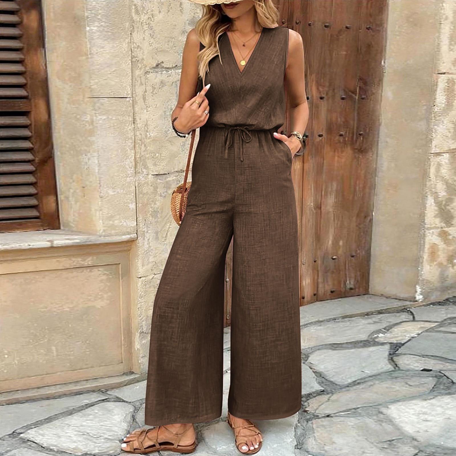

Sleeveless Wide Leg Jumpsuit for Women with Drawstring Waist V Neck Loose Fit Casual Outfit XL коричневий