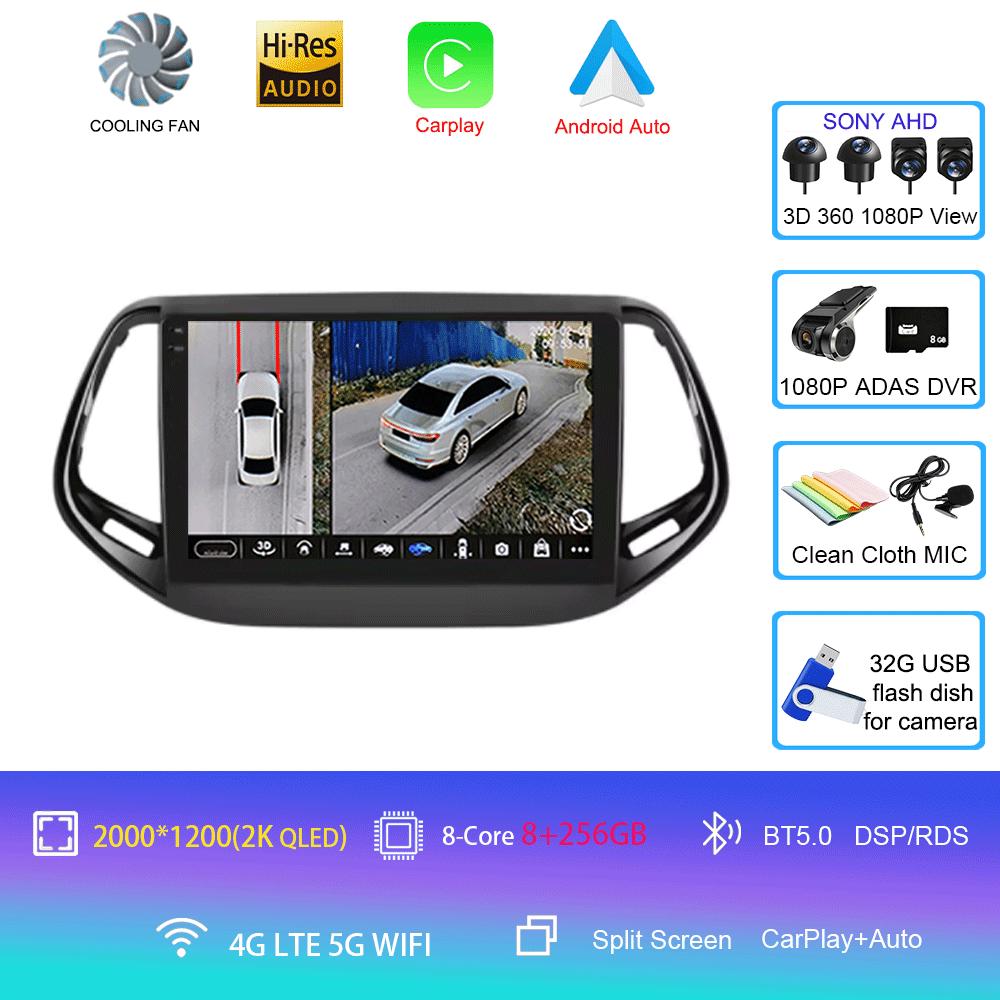 For Jeep Compass 2017 - 2019 360 Camera Head Unit Android 14 Video Player Car Radio Autoradio Multimedia GPS Navigation Monitor