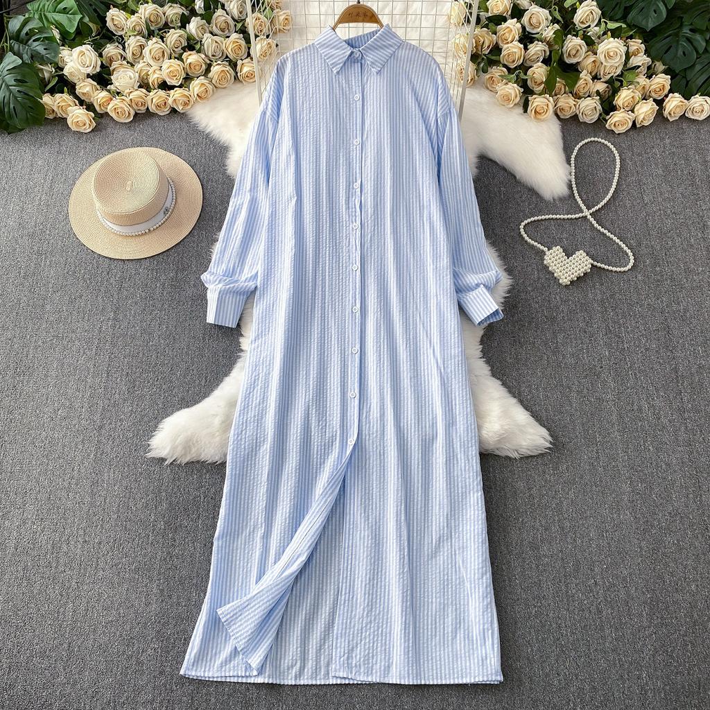 Wind casual temperament striped lapel shirt dress women's new single-breasted loose and thin dress