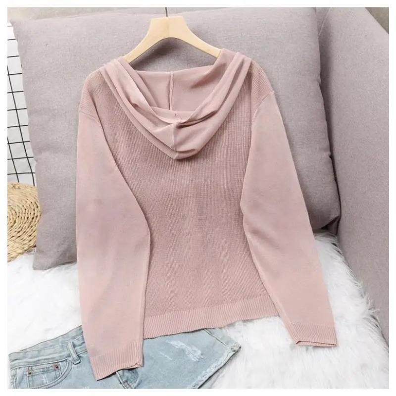 Summer Short Knitted Cardigan Coat Women's Hooded Ladies Solid Color Button Sun Protection Thin Outdoor Outwear