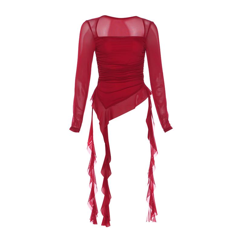 

Autumn new women s clothing Spice Girls sexy square neck perspective slim top ruffle edge irregular T-shirt L бордовий