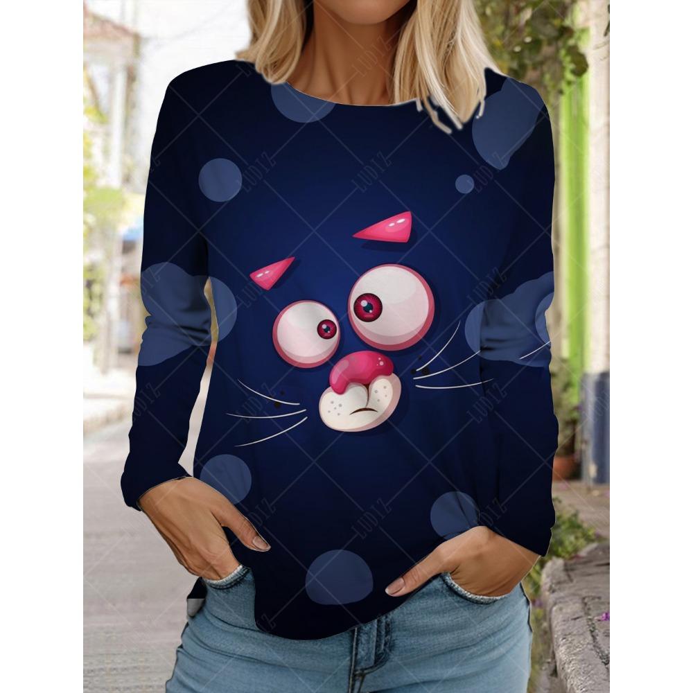 

Women s T Shirts 3D Print Kawaii Cat Graphics Long Sleeve Crew Neck Regular Fit Spring/Fall Funny Sportwears 8XL