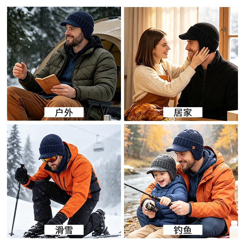 Hat Men's Autumn and Winter Warm Fleece Ear Protectors Short Brim Wool Hat Outdoor Riding Windproof Knitted Hat Winter Men's
