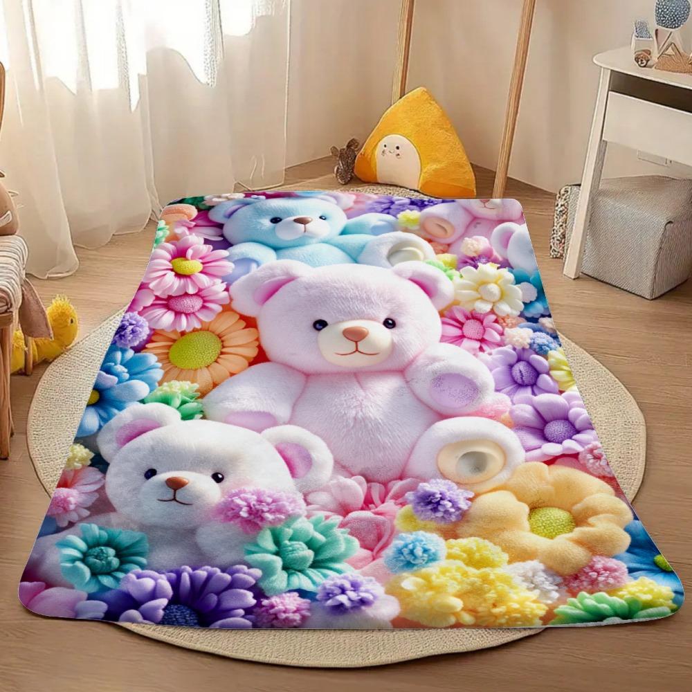 Colorful Teddy Bear With Flower Print Decorative Throw Blanket For Sofa, Bed, Home Decor, Camping, And Travel Gift