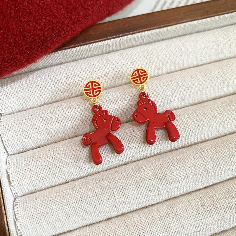 Silver Needle Dripping Oil Pony Lucky Character Pendant Earrings New Chinese Style Retro Earrings Light Luxury Niche Natal Year Earrings
