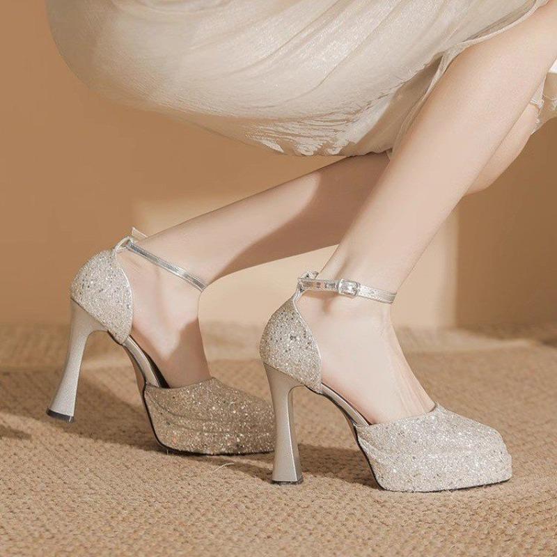 Sequins Fashion Women's Shoes 2025 Summer New High Heeled Sandals Large Size Women's Shoes Gold Silver