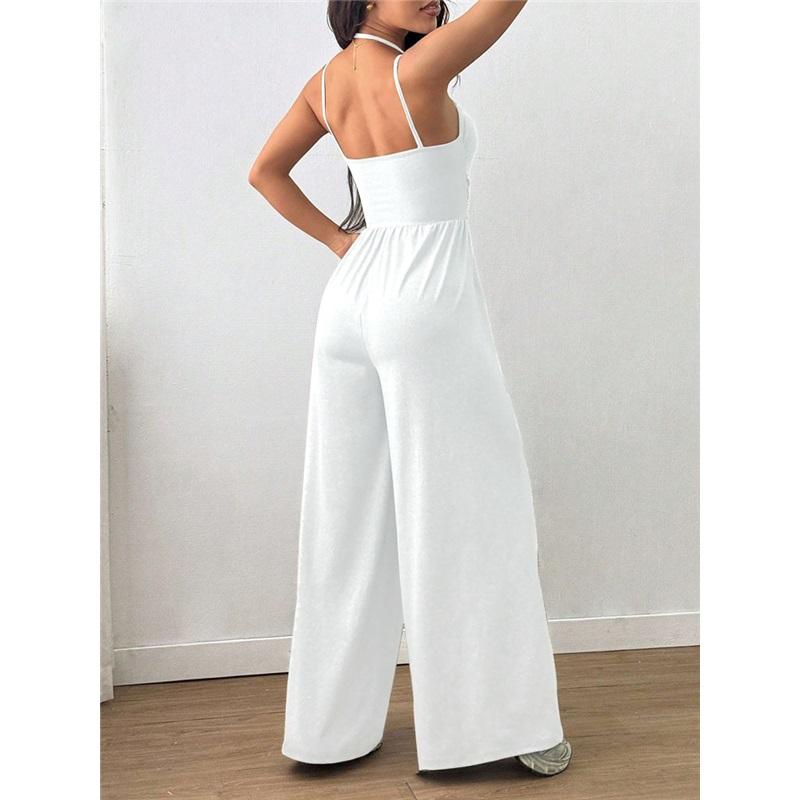 Women's Halterneck Suspender Pleated Waist Backless Jumpsuit