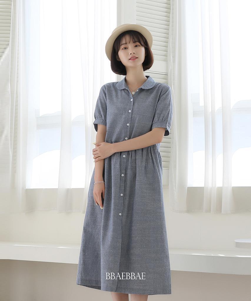 Ppaeppae Striped Collared Linen Long Dress