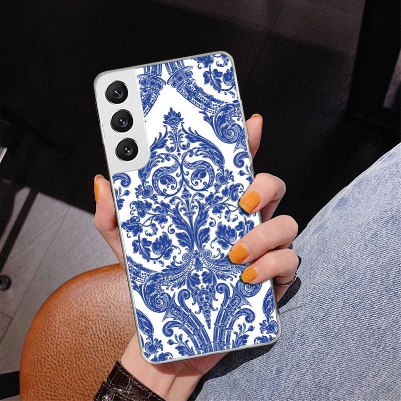 Blue And White Porcelain Phone Case For Samsung Galaxy S24 S25 Edge S26 Ultra S23 S22 S21 Plus S20 FE + Personalized Print Cover