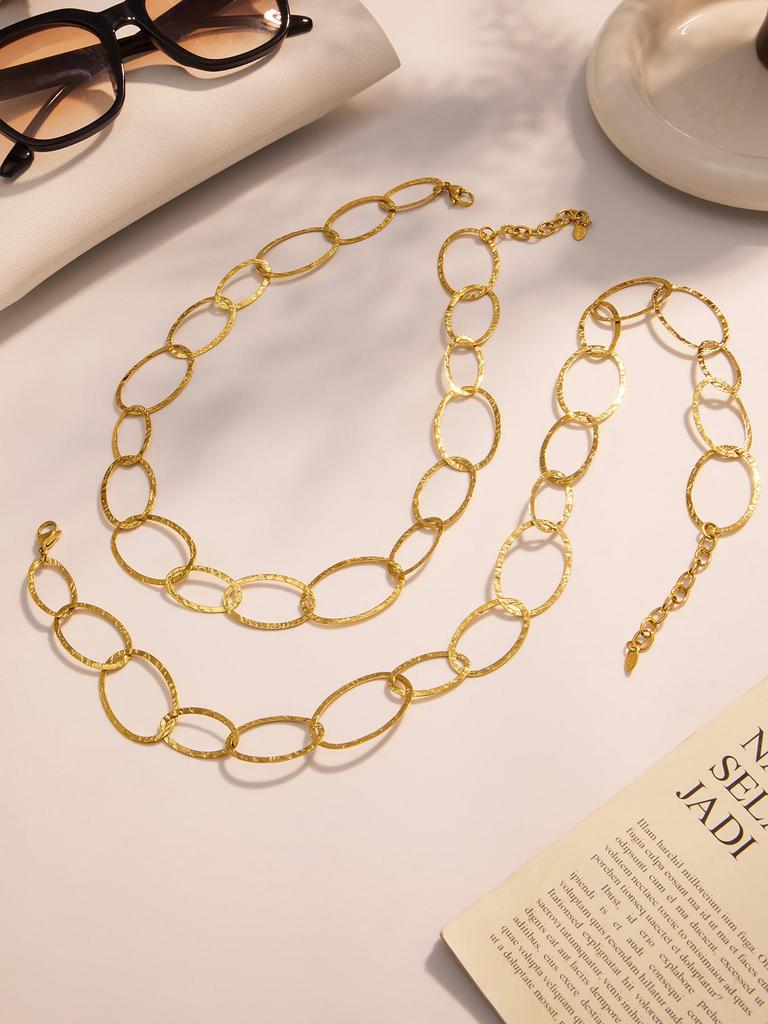 Handmade Hammered Stainless Steel Jewelry Set: Ferris Wheel Circle Necklace, Bracelet & Earrings with Real Gold Plating